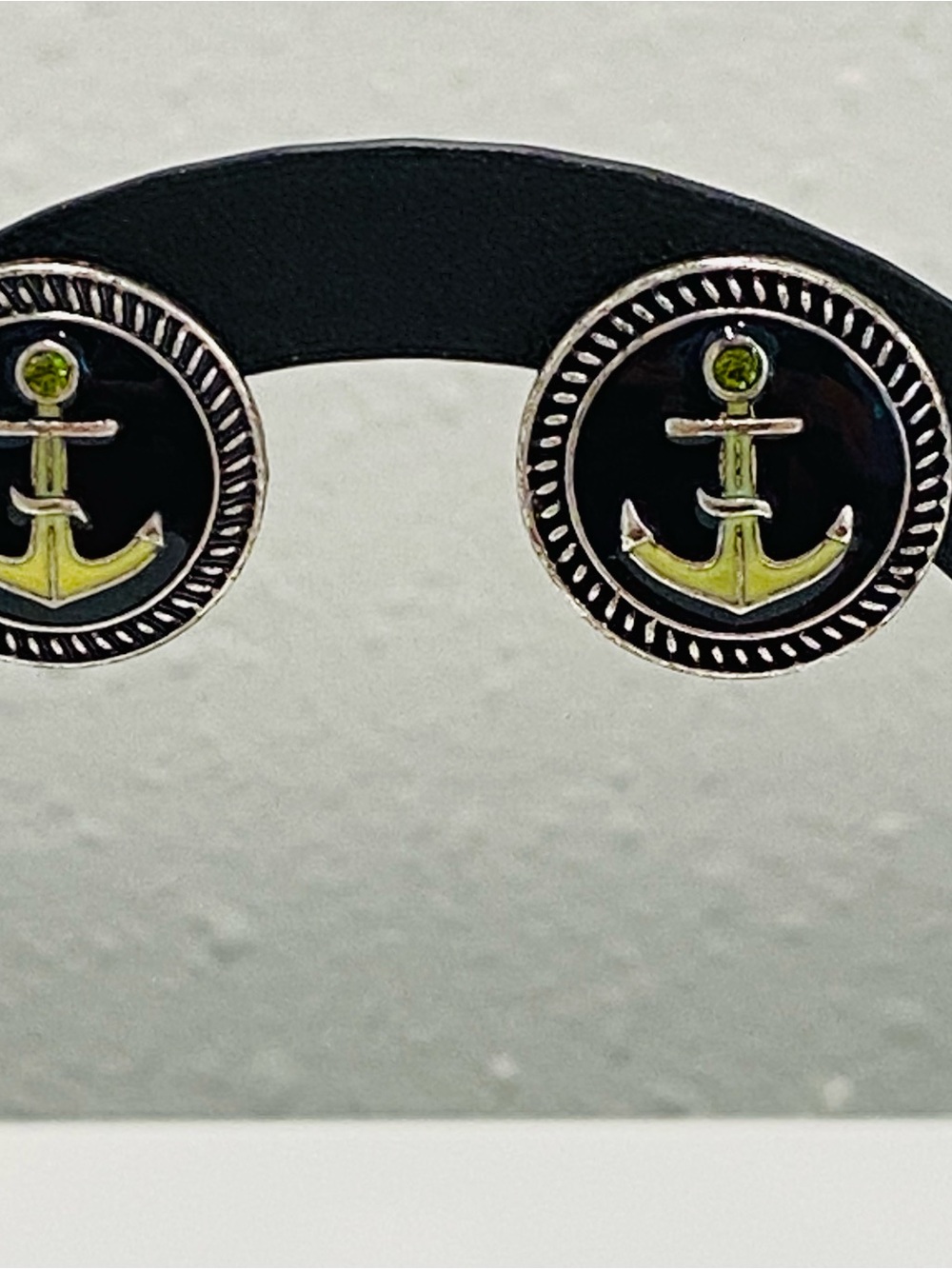 Navy Blue Nautical Green Rhinestone Anchor Post Earrings Textured Rope Border